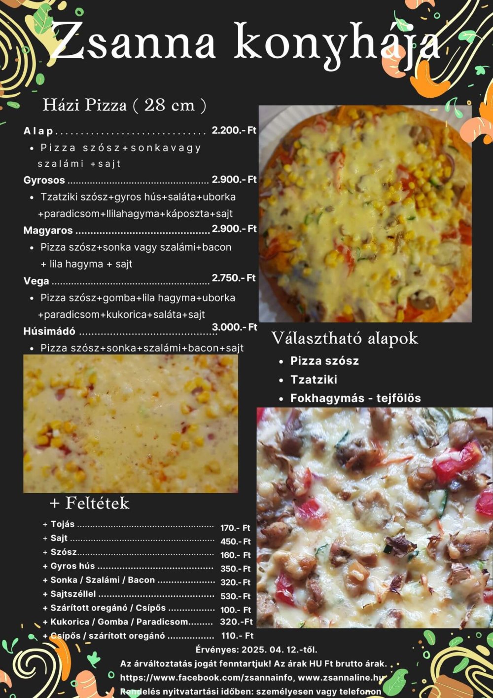 Pizza árjegyzék Zsanna Konyhájában